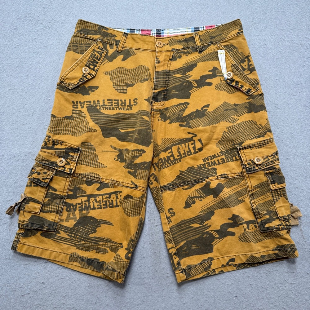 Vintage Cargo Shorts Men's 33 Yellow Camo Relaxed Fit Hunting Streetwear Utility